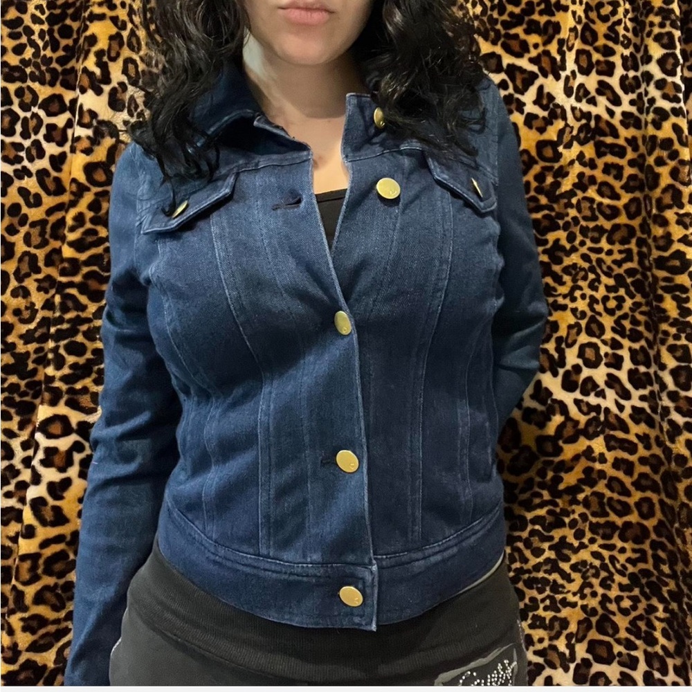 Thalia Sodi Blue and Gold Jean Jacket Fitted Cropped Style